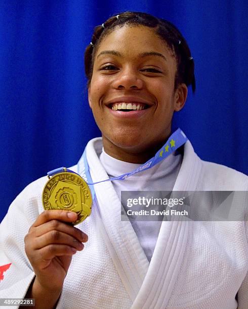 Under 57kg gold medallist, Nekoda Davis of Great Britain enjoys posing with her medal during the London British Open Senior European Judo Cup at the...