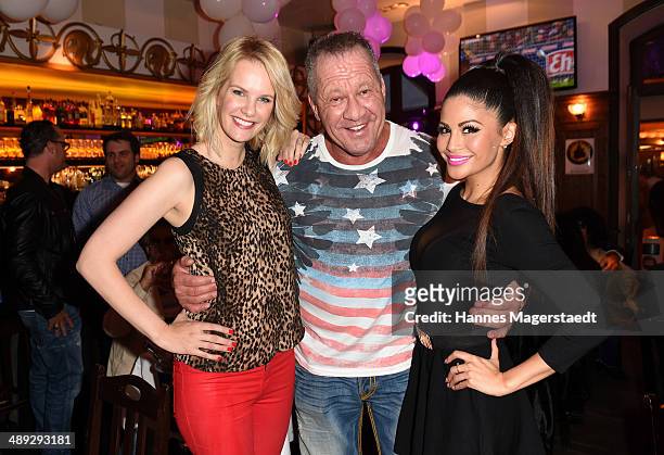 Model Monika Ivancan, Hugo Bachmaier and Playmate Mia Gray attend 9 Years Anniversary Bachmaier Hofbraeu at Bachmaier Hofbraeu on May 10, 2014 in...