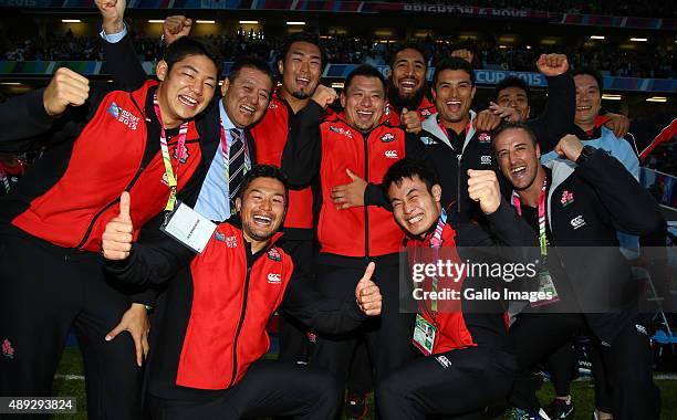 Team management after the win over South Africa during the Rugby World Cup 2015 Pool B match between South Africa and Japan at Brighton Community...