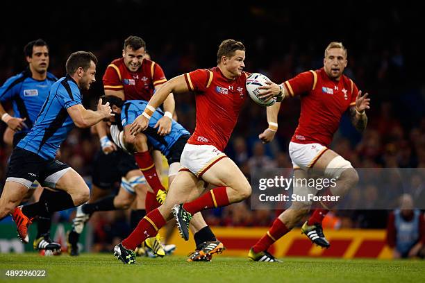 Hallam Amos of Wales breaks on the way to scoring his teams fifth try during the 2015 Rugby World Cup Pool A match between Wales and Uruguay at the...