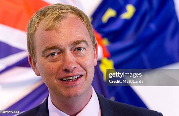 Leader of the Liberal Democrats Tim Farron visits the trade and exhibition stands on the second day of the Liberal Democrats annual conference on...