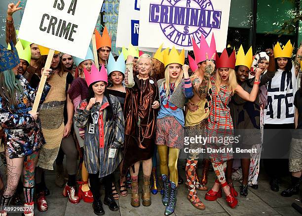 Vivienne Westwood and her 'Fash Mob' prior to the Vivienne Westwood Red Label show during London Fashion Week SS16 at Ambika P3 on September 20, 2015...