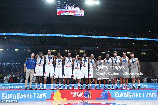 The French team celebrates the bronze medal of the EuroBasket after the game between France v Serbia at Stade Pierre Mauroy on September 20, 2015 in...