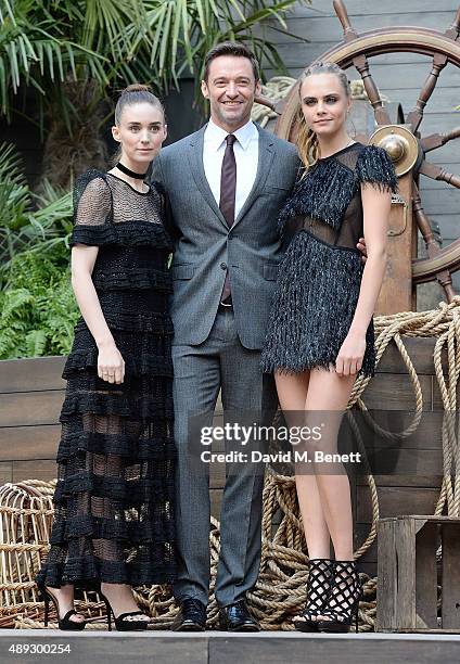 Rooney Mara, Hugh Jackman and Cara Delevingne attend the World Premiere of "Pan" at Odeon Leicester Square on September 20, 2015 in London, England.