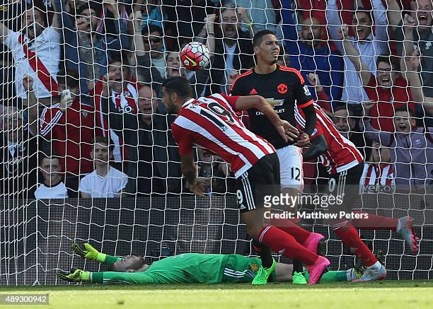 Graziano Pelle of Southampton scores their first goal during the Barclays Premier League match between Southampton and Manchester United on September...