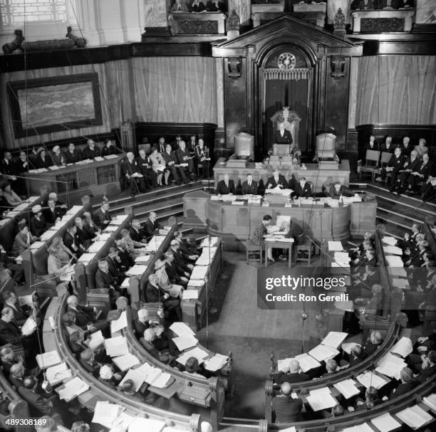 An aerial view of the new Greater London Council at its first meeting at County Hall, London, April 27th 1964.