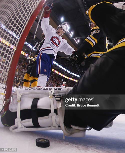 Brendan Gallagher of the Montreal Canadiens celebrates a third period goal by P.K. Subban against Tuukka Rask of the Boston Bruins during Game Five...