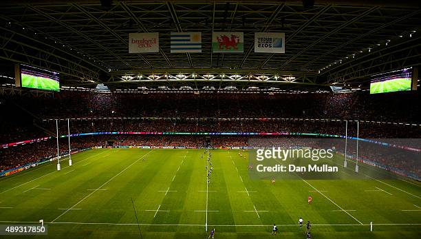 General view as Uruguay kick off to start the game during the 2015 Rugby World Cup Pool A match between Wales and Uruguay at Millennium Stadium on...