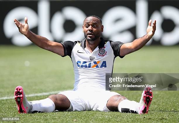 Vagner Love of Corinthians reacts during the match between Corinthians and Santos for the Brazilian Series A 2015 at Arena Corinthians on September...