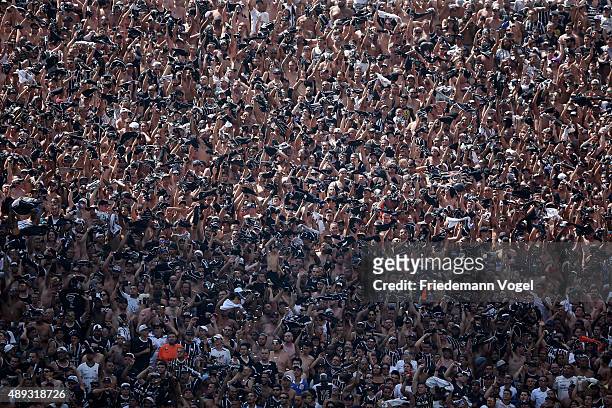 Fans of Corinthians celebrates during the match between Corinthians and Santos for the Brazilian Series A 2015 at Arena Corinthians on September 20,...
