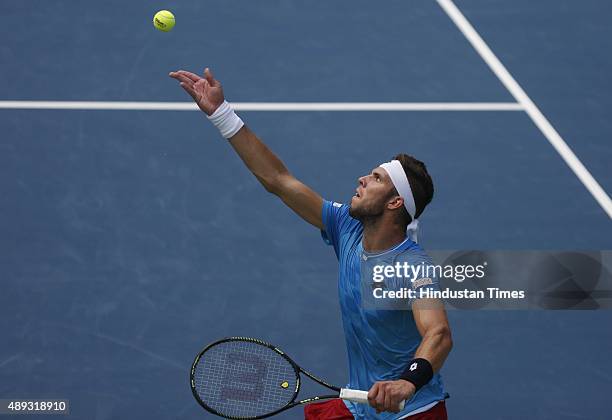 Indian tennis player Yuki Bhambri in action against Czech tennis player Jiri Vesely during a Davis Cup World Group play-off tennis match at R. K....