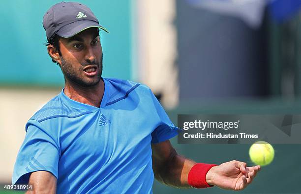 Indian tennis player Yuki Bhambri in action against Czech tennis player Jiri Vesely during a Davis Cup World Group play-off tennis match at R. K....