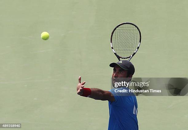 Indian tennis player Yuki Bhambri in action against Czech tennis player Jiri Vesely during a Davis Cup World Group play-off tennis match at R. K....