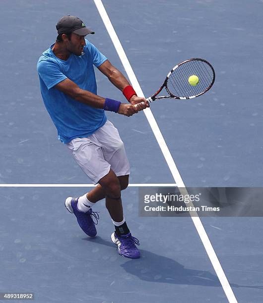 Indian tennis player Yuki Bhambri in action against Czech tennis player Jiri Vesely during a Davis Cup World Group play-off tennis match at R. K....