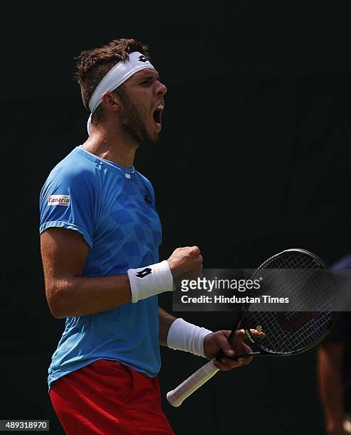 Czech tennis player Jiri Vesely celebrates after beating Indian tennis player Yuki Bhambri during a Davis Cup World Group play-off tennis match at R....