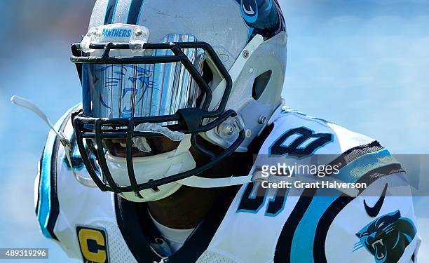 Thomas Davis of the Carolina Panthers shows off his Panthers logo visor before their game against the Houston Texans at Bank of America Stadium on...