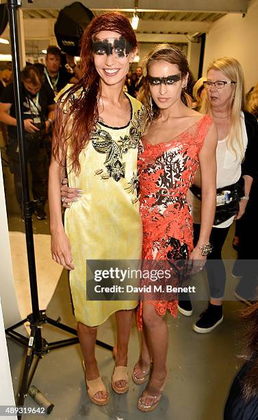 Lizzy Jagger and Alice Dellal backstage at the Vivienne Westwood Red Label show during London Fashion Week SS16 at Ambika P3 on September 20, 2015 in...