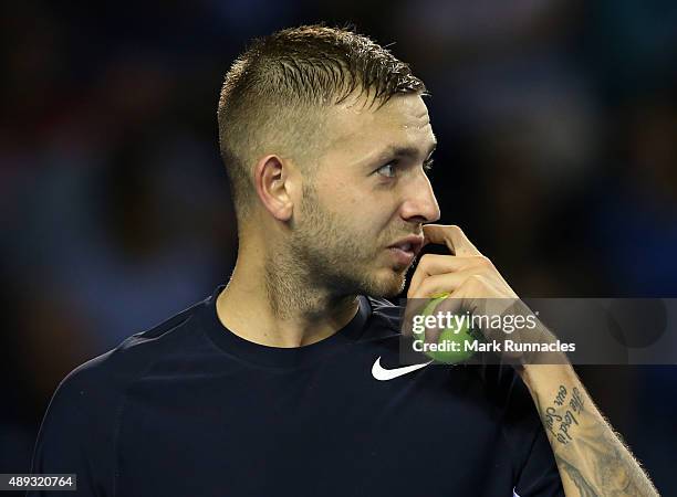 Dan Evens of Great Britain in action during his singles match with Thanasi Kokkinakis of Australia on the third day of the Davis Cup Semi Final 2015...