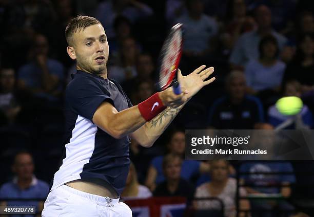 Dan Evens of Great Britain in action during his singles match with Thanasi Kokkinakis of Australia on the third day of the Davis Cup Semi Final 2015...