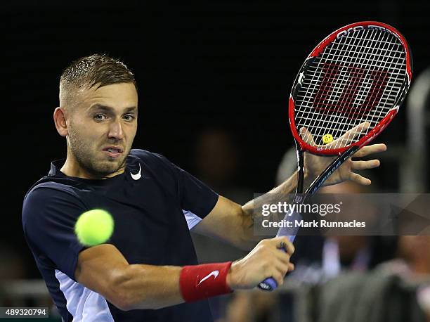 Dan Evens of Great Britain in action during his singles match with Thanasi Kokkinakis of Australia on the third day of the Davis Cup Semi Final 2015...