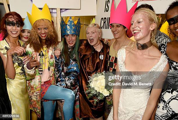 Vivienne Westwood and Lizzy Jagger backstage at the Vivienne Westwood Red Label show during London Fashion Week SS16 at Ambika P3 on September 20,...