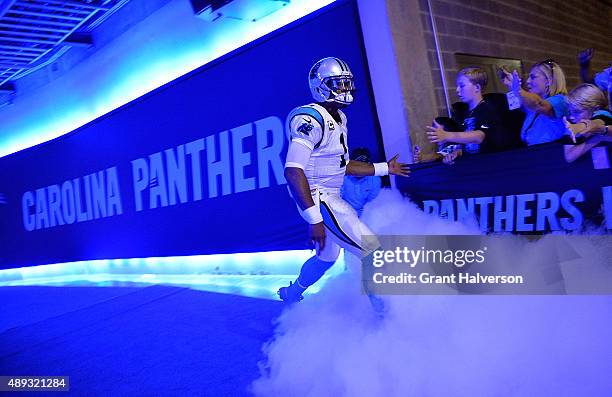 Cam Newton of the Carolina Panthers takes the field for a game against the Houston Texans at Bank of America Stadium on September 20, 2015 in...