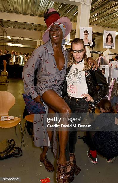 Alexander and Alice Dellal backstage at the Vivienne Westwood Red Label show during London Fashion Week SS16 at Ambika P3 on September 20, 2015 in...