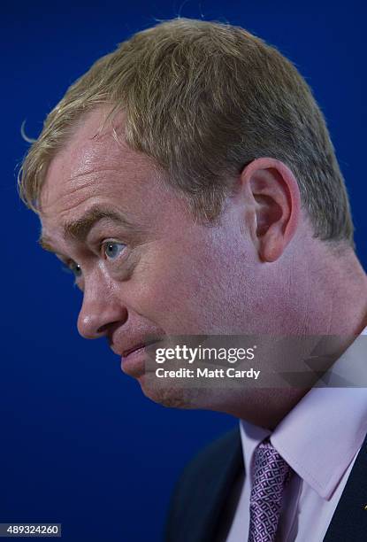 Leader of the Liberal Democrats Tim Farron visits the trade and exhibition stands on the second day of the Liberal Democrats annual conference on...