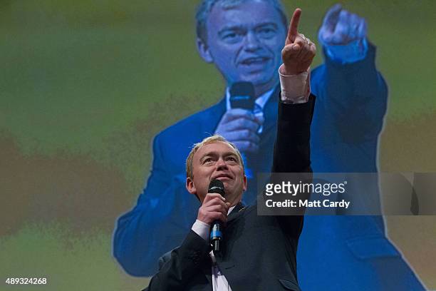 Leader of the Liberal Democrats Tim Farron speaks on the second day of the Liberal Democrats annual conference on September 20, 2015 in Bournemouth,...