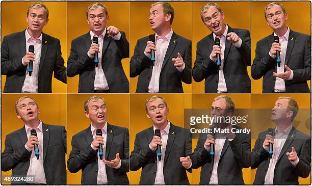 In this composite image leader of the Liberal Democrats Tim Farron speaks on the second day of the Liberal Democrats annual conference on September...