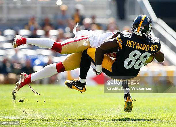 Darrius Heyward-Bey of the Pittsburgh Steelers catches a pass in the first quarter before being tackled against the San Francisco 49ers during the...