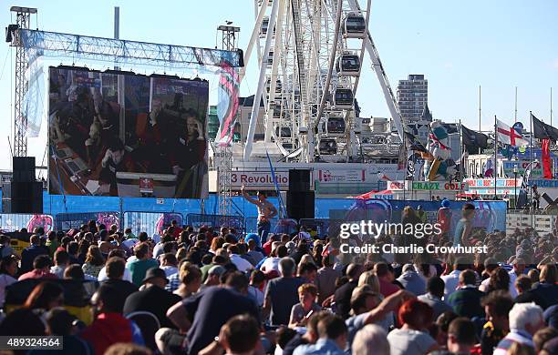 General view of the fanzone as fans enjoy the nice weather during the Rugby World Cup 2015: Brighton Beach Fanzone on September 20, 2015 in Brighton,...