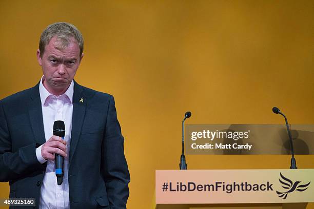 Leader of the Liberal Democrats Tim Farron speaks on the second day of the Liberal Democrats annual conference on September 20, 2015 in Bournemouth,...