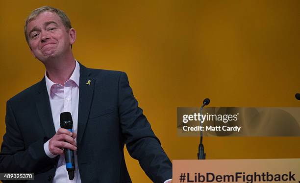 Leader of the Liberal Democrats Tim Farron speaks on the second day of the Liberal Democrats annual conference on September 20, 2015 in Bournemouth,...