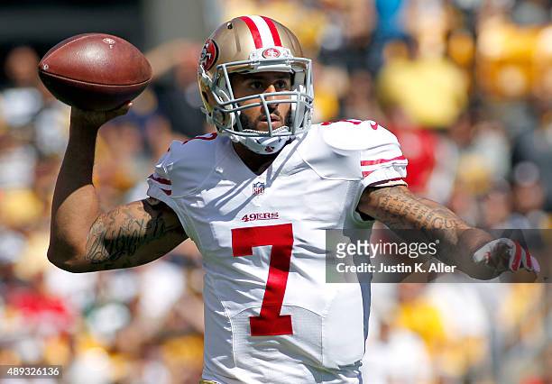 Colin Kaepernick of the San Francisco 49ers drops back to pass in the first quarter during the game against the Pittsburgh Steelers on September 20,...