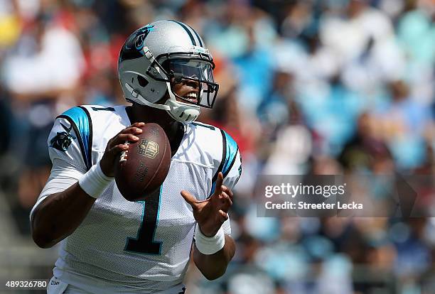 Cam Newton of the Carolina Panthers looks to pass against the Houston Texans in the first quarter during their game at Bank of America Stadium on...
