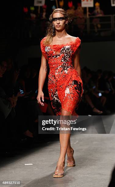 Model Alice Dellal walks the runway at the Vivienne Westwood Red Label show during London Fashion Week Spring/Summer 2016 on September 20, 2015 in...