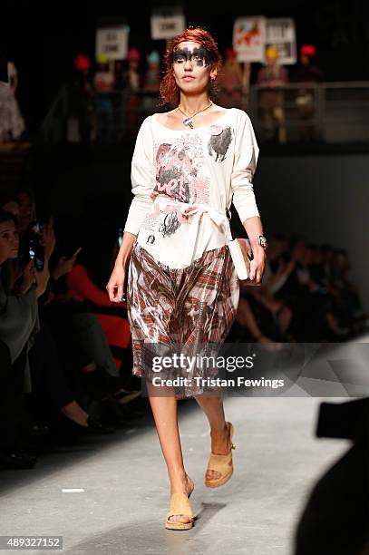 Model walks the runway at the Vivienne Westwood Red Label show during London Fashion Week Spring/Summer 2016 on September 20, 2015 in London, England.