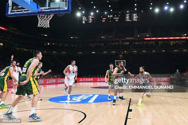 Spain's point guard Sergio Rodriguez dribbles during the final basketball match between Spain and Lithuania at the EuroBasket 2015 in Lille, northern...