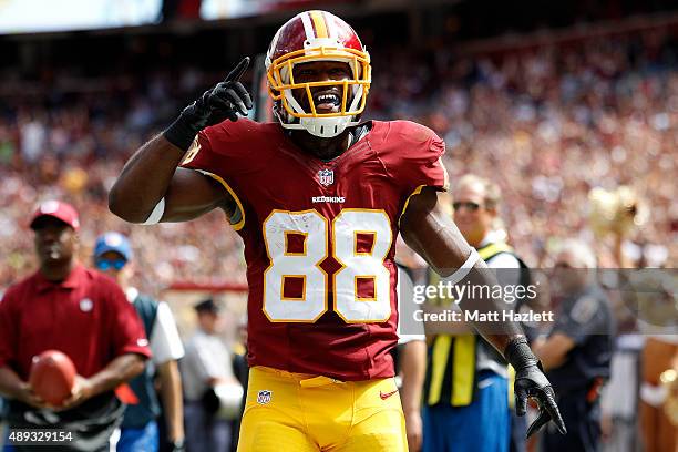 Wide receiver Pierre Garcon of the Washington Redskins celebrates a second quarter touchdown during a game against the St. Louis Rams at FedExField...