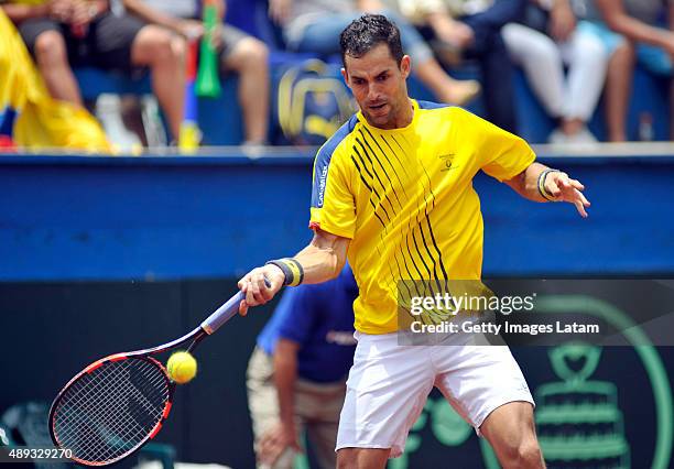 Santiago Giraldo of Colombia returns a forehand shot during the Davis Cup World Group Play-off singles match between Santiago Giraldo of Colombia and...
