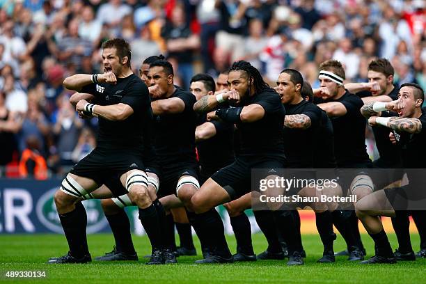 Richie McCaw of New Zealand leads the Haka prior to kickoff during the 2015 Rugby World Cup Pool C match between New Zealand and Argentina at Wembley...