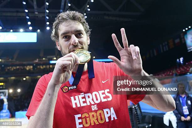 Spain's center Pau Gasol poses with his Gold medal after Spain won the final basketball match between Spain and Lithuania at the EuroBasket 2015 in...