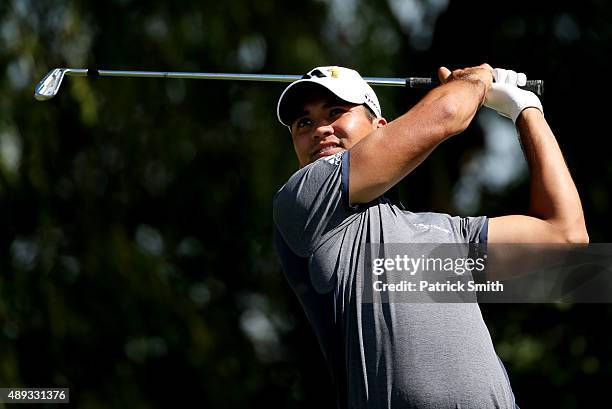 Jason Day of Australia plays his shot from the sixth tee during the Final Round of the BMW Championship at Conway Farms Golf Club on September 20,...