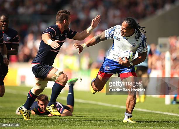Alesana Tuilagi of Samoa makes a break during the 2015 Rugby World Cup Pool B match between Samoa and USA at Brighton Community Stadium on September...