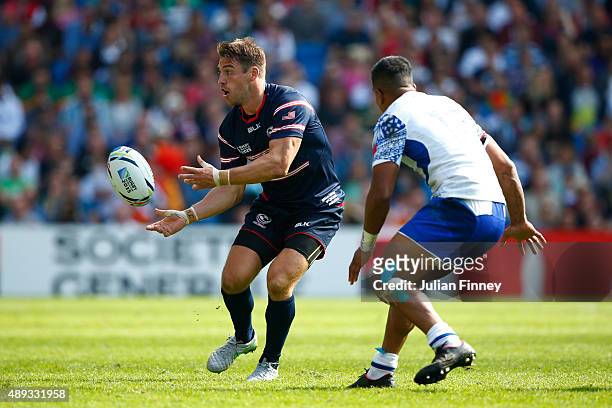Chris Wyles of the United States passes during the 2015 Rugby World Cup Pool B match between Samoa and USA at Brighton Community Stadium on September...