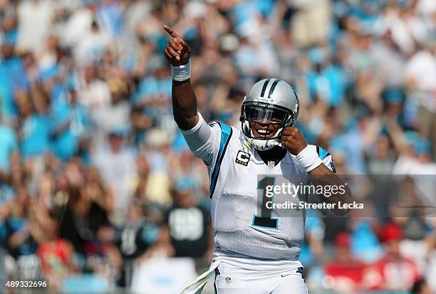 Cam Newton of the Carolina Panthers celebrates after running for a touchdown against the Houston Texans during their game at Bank of America Stadium...