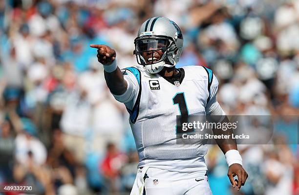 Cam Newton of the Carolina Panthers celebrates after running for a touchdown against the Houston Texans during their game at Bank of America Stadium...