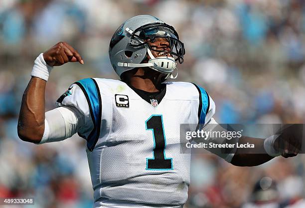 Cam Newton of the Carolina Panthers celebrates after running for a touchdown against the Houston Texans during their game at Bank of America Stadium...