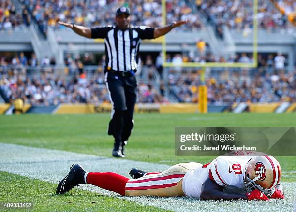 Anquan Boldin of the San Francisco 49ers reacts following an incomplete pass in the third quarter against the Pittsburgh Steelers during the game at...